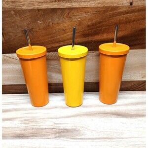 20oz Stainless Steel Double Wall Tumbler With Straw Yellow/Orange Lot of Three